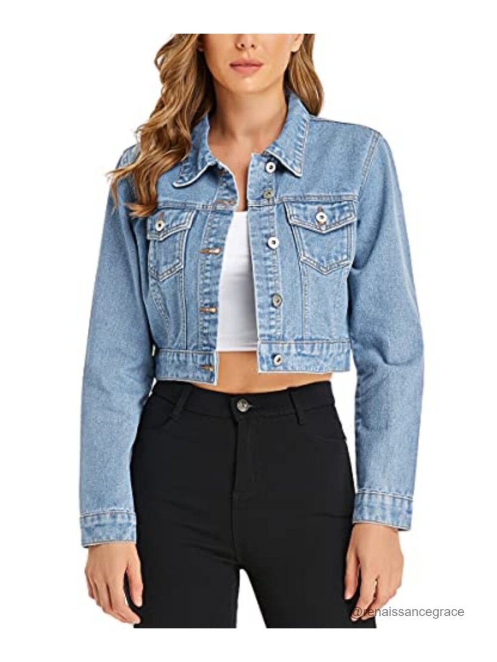 Cropped Denim Jacket Button Down Long Sleeve Jean Jacket with Pockets